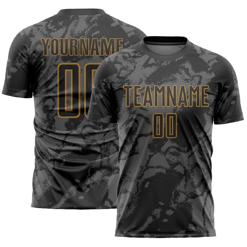 Football Jersey For Charity Events-Custom Black Gray-Old Gold Abstract Grunge Art Sublimation Soccer Uniform Jersey