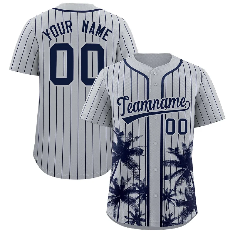 Football Jersey For Pro Teams-Basketball Jersey For Pro Teams-Baseball Jersey With Logo-Custom Gray Navy Pinstripe Coconut Tree Pattern Authentic Baseball Jersey