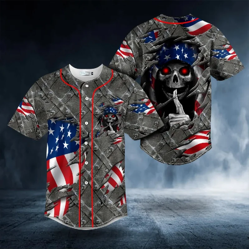 Football Jersey With Elastic Waistband-Basketball Jersey With Elastic Waistband-Baseball Jersey For Charity Events-American Flag Grim Reaper Shh Red Eyes Skull Baseball Jersey