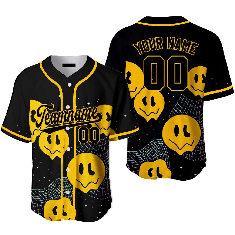 Football Jersey For Summer-Basketball Jersey For Summer-Baseball Jersey With Zipper-Custom Psychedelic Smiley Hippie Pattern Black Yellow Baseball Jerseys For Men & Women