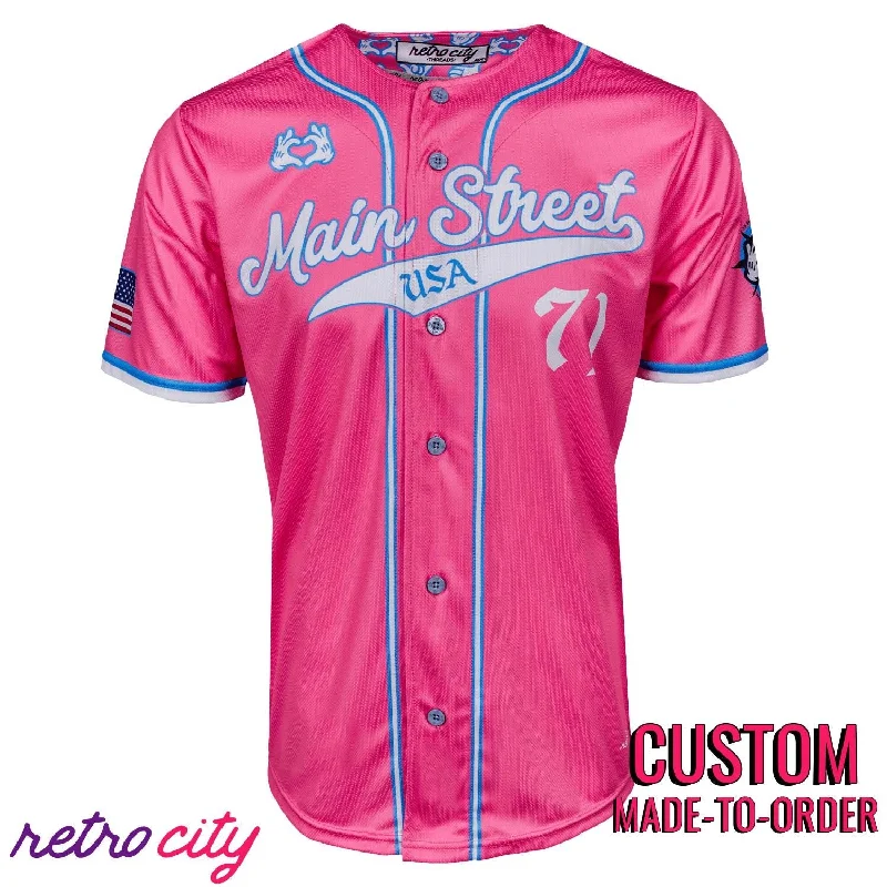 Football Jersey With Official Team Uniform-Basketball Jersey With Fun Custom Design-Baseball Jersey With Golden Accents-Main Street USA Full-Button Baseball Jersey (Pink)