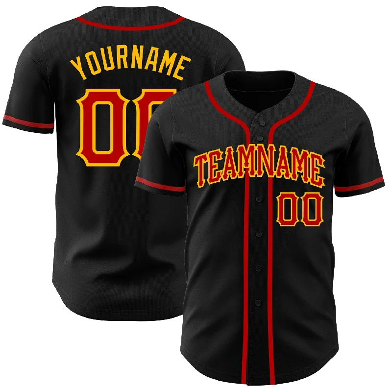 Football Jersey With Side Vents-Basketball Jersey With Side Vents-Baseball Jersey For Local Leagues-Custom Black Red-Gold Authentic Baseball Jersey