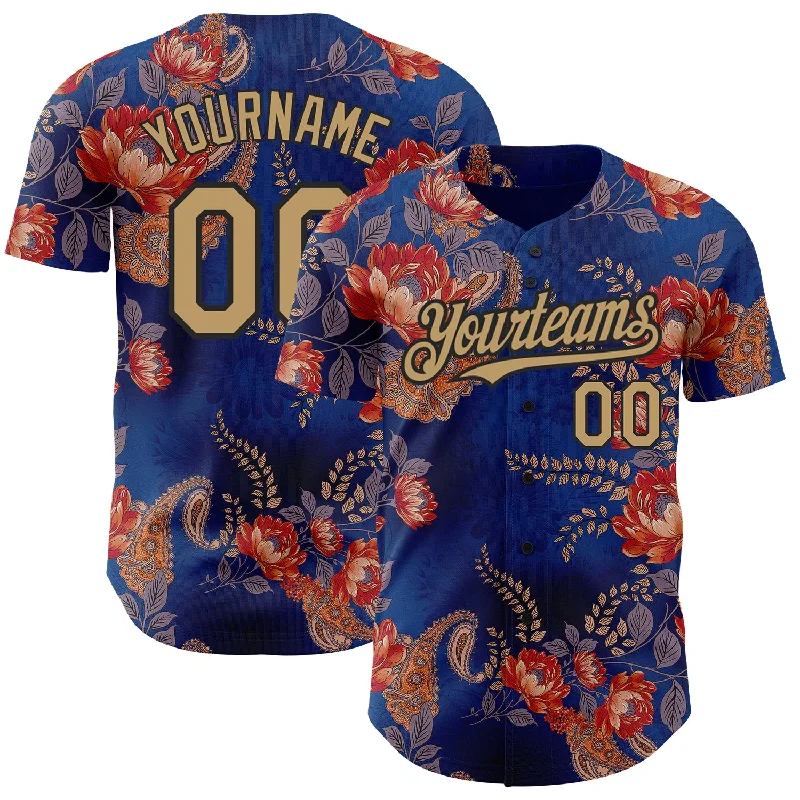 Football Jersey With Built-In Ventilation-Basketball Jersey With Built-In Ventilation-Baseball Jersey With 3D Print-Custom Navy Old Gold-Black 3D Pattern Design Northeast China Big Flower Authentic Baseball Jersey